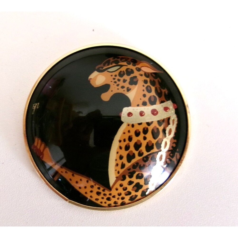 Vintage Wild Cat Cheetah Leopard Goldtone Metal Black Brooch/Pin Signed